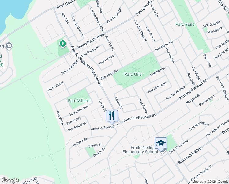map of restaurants, bars, coffee shops, grocery stores, and more near 18272 Rue d'Amalfi in Montréal
