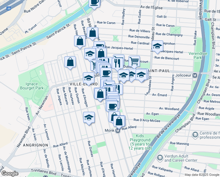 map of restaurants, bars, coffee shops, grocery stores, and more near Boulevard Monk in Montréal
