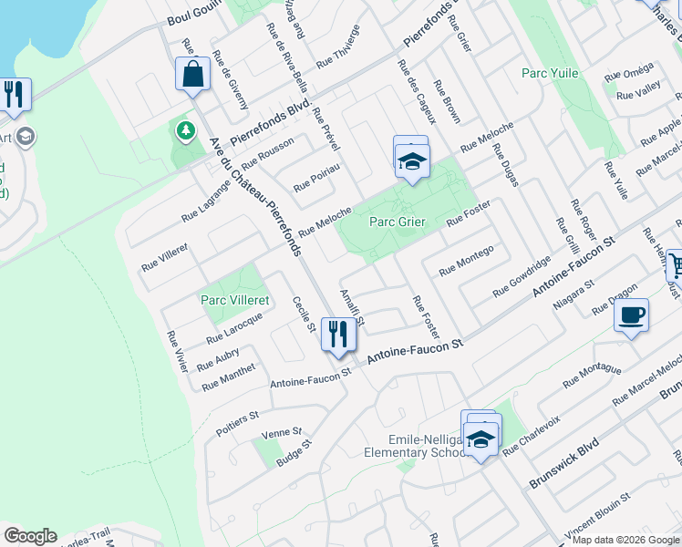 map of restaurants, bars, coffee shops, grocery stores, and more near 18272 Rue d'Amalfi in Montréal