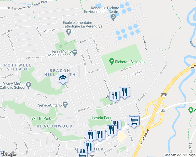 map of restaurants, bars, coffee shops, grocery stores, and more near 2189 Émard Crescent in Ottawa
