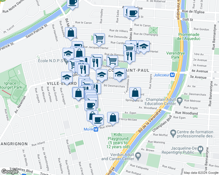 map of restaurants, bars, coffee shops, grocery stores, and more near 1902 Boulevard Desmarchais in Montréal