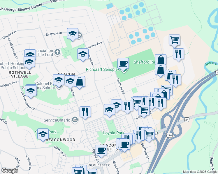 map of restaurants, bars, coffee shops, grocery stores, and more near 2189 Émard Crescent in Ottawa
