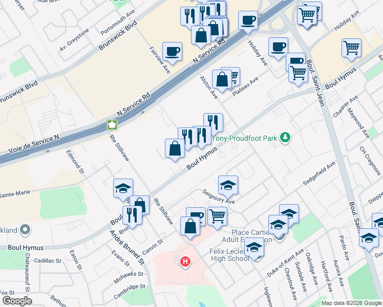 map of restaurants, bars, coffee shops, grocery stores, and more near 285 Boulevard Hymus in Pointe-Claire