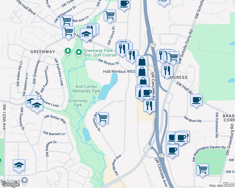 map of restaurants, bars, coffee shops, grocery stores, and more near 8905 Southwest Nimbus Avenue in Beaverton