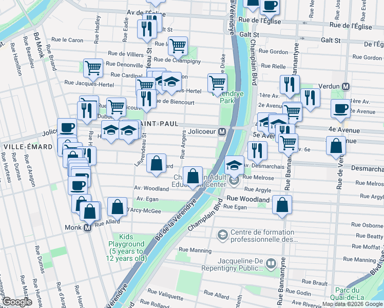 map of restaurants, bars, coffee shops, grocery stores, and more near 1561 Boulevard Desmarchais in Montréal