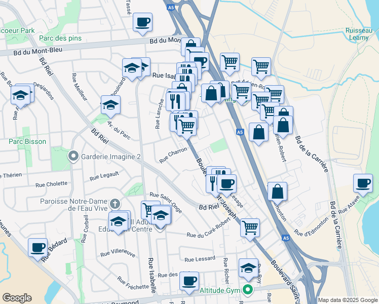 map of restaurants, bars, coffee shops, grocery stores, and more near in Gatineau