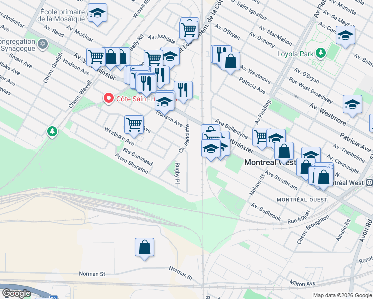 map of restaurants, bars, coffee shops, grocery stores, and more near 76 Radcliffe Road in Montreal West