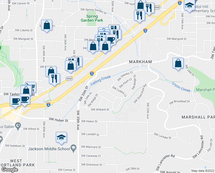 map of restaurants, bars, coffee shops, grocery stores, and more near 3109 Southwest Collins Court in Portland