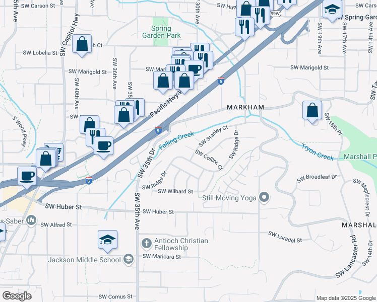 map of restaurants, bars, coffee shops, grocery stores, and more near 3109 Southwest Collins Court in Portland