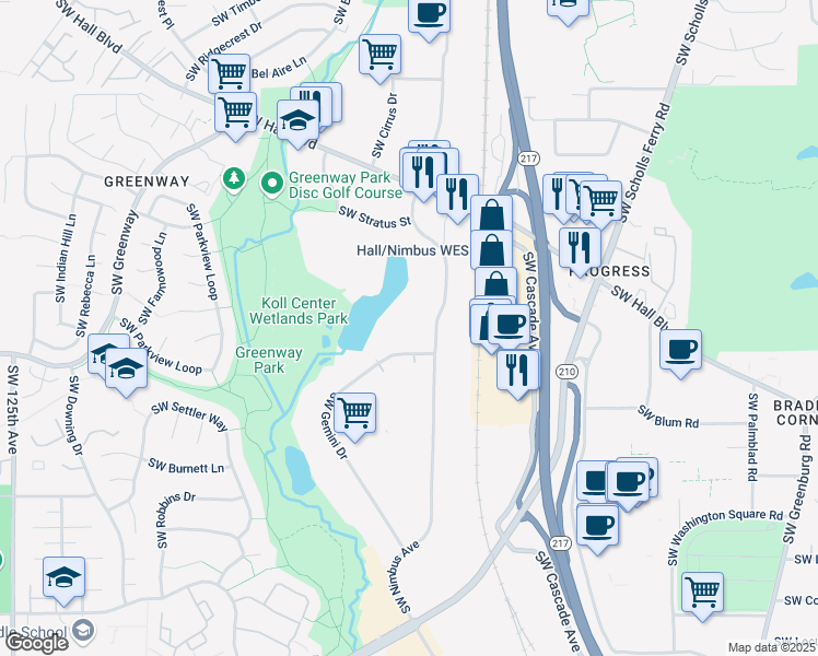map of restaurants, bars, coffee shops, grocery stores, and more near 8905 Southwest Nimbus Avenue in Beaverton