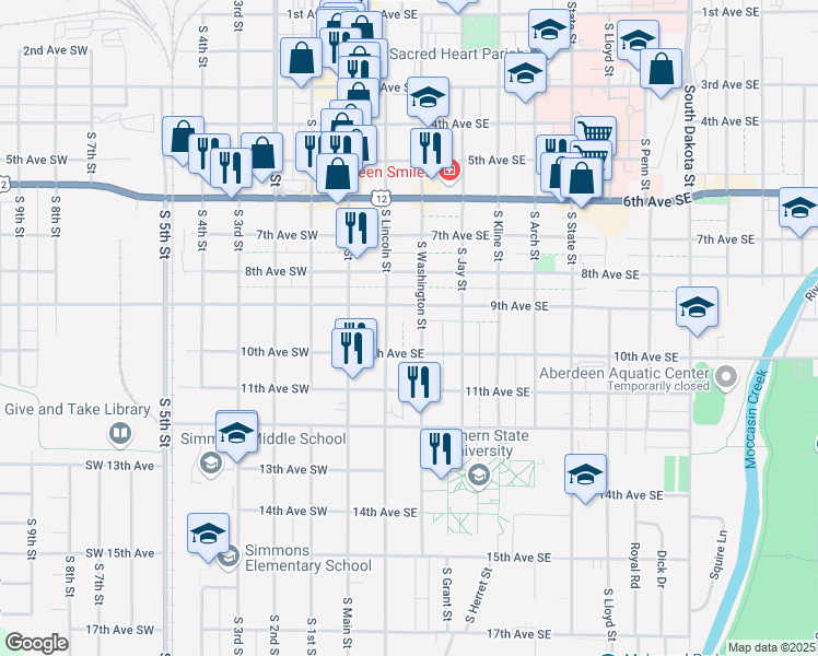 map of restaurants, bars, coffee shops, grocery stores, and more near 904 South Washington Street in Aberdeen