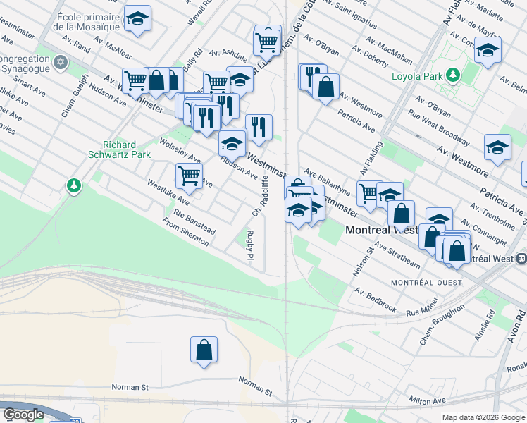 map of restaurants, bars, coffee shops, grocery stores, and more near 78 Radcliffe Road in Montreal West