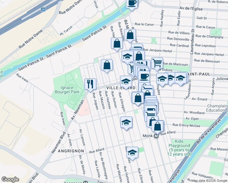 map of restaurants, bars, coffee shops, grocery stores, and more near 6250 Rue Dumas in Montréal