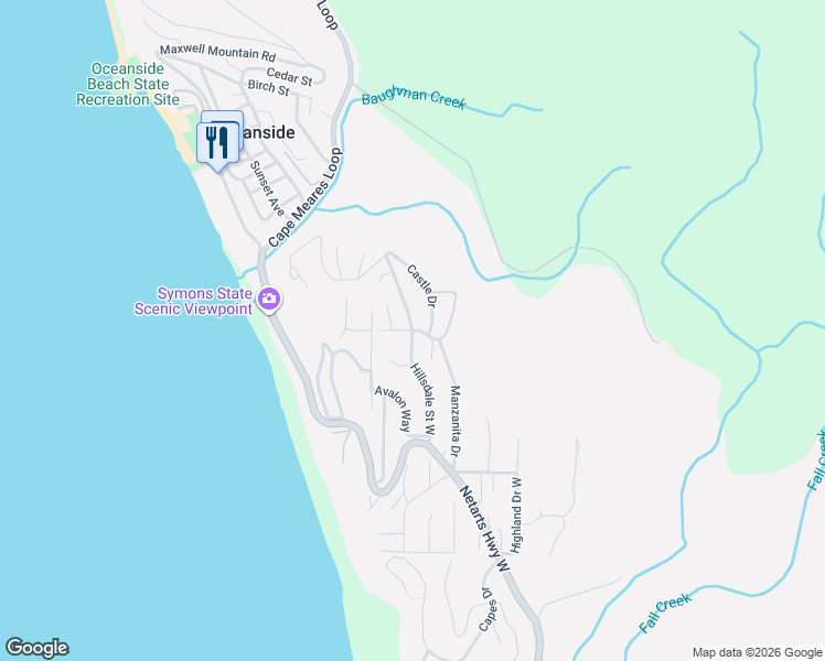 map of restaurants, bars, coffee shops, grocery stores, and more near Hillsdale Street West in Oceanside