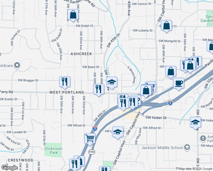 map of restaurants, bars, coffee shops, grocery stores, and more near 9635 Southwest 48th Avenue in Portland