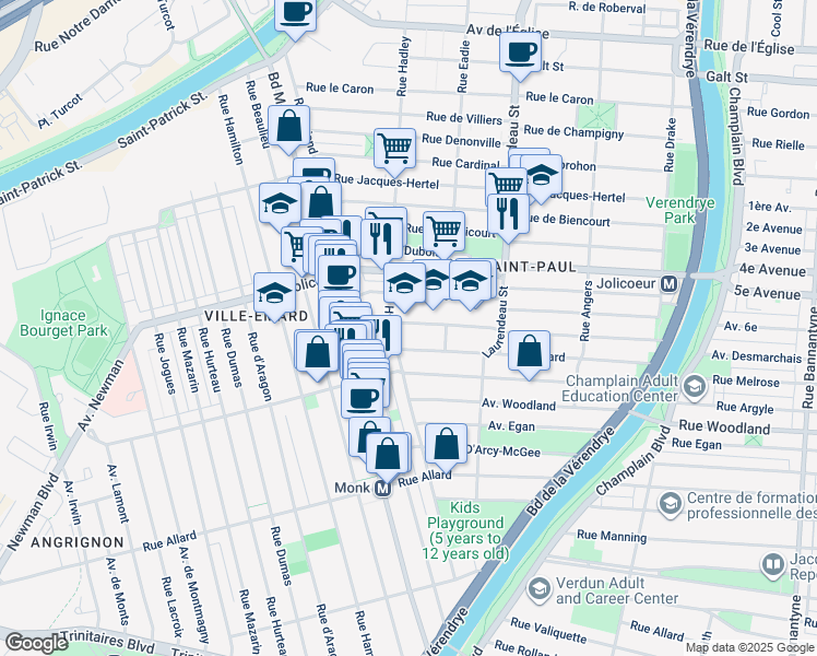 map of restaurants, bars, coffee shops, grocery stores, and more near 1954 Boulevard Desmarchais in Montréal