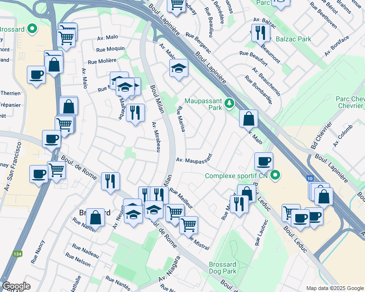 map of restaurants, bars, coffee shops, grocery stores, and more near 7470 Rue Marisa in Brossard