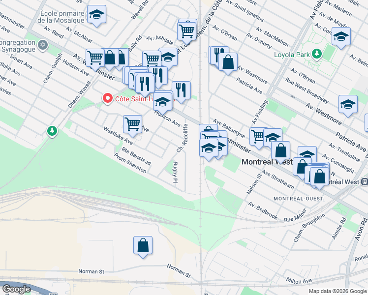 map of restaurants, bars, coffee shops, grocery stores, and more near 76 Radcliffe Road in Montreal West