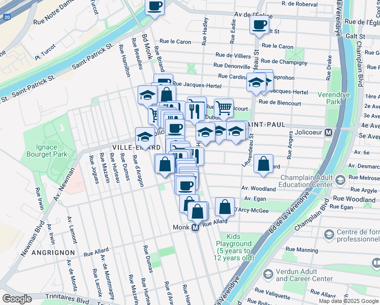 map of restaurants, bars, coffee shops, grocery stores, and more near 6340 Rue Briand in Montréal