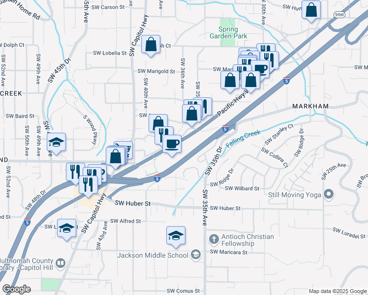 map of restaurants, bars, coffee shops, grocery stores, and more near 9570 Southwest Barbur Boulevard in Portland