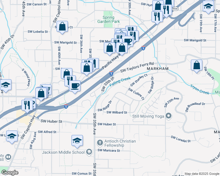 map of restaurants, bars, coffee shops, grocery stores, and more near 9630 Southwest 35th Drive in Portland