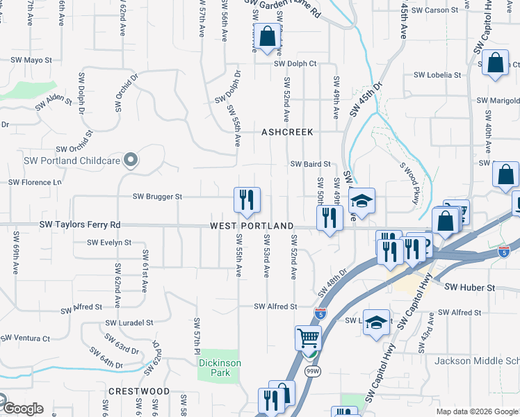 map of restaurants, bars, coffee shops, grocery stores, and more near 9611 Southwest 53rd Avenue in Portland