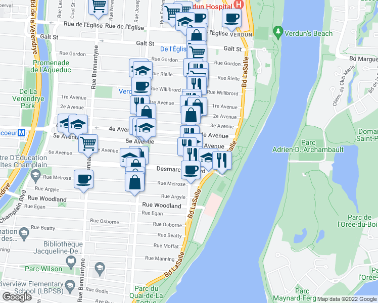 map of restaurants, bars, coffee shops, grocery stores, and more near 5045 Rue Wellington in Montréal