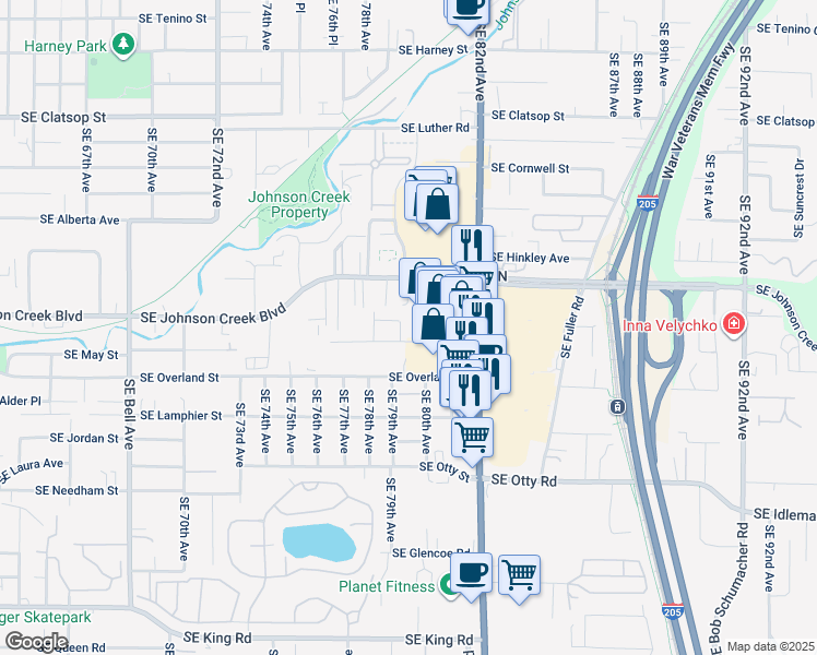 map of restaurants, bars, coffee shops, grocery stores, and more near 9314 Southeast 77th Court in Milwaukie