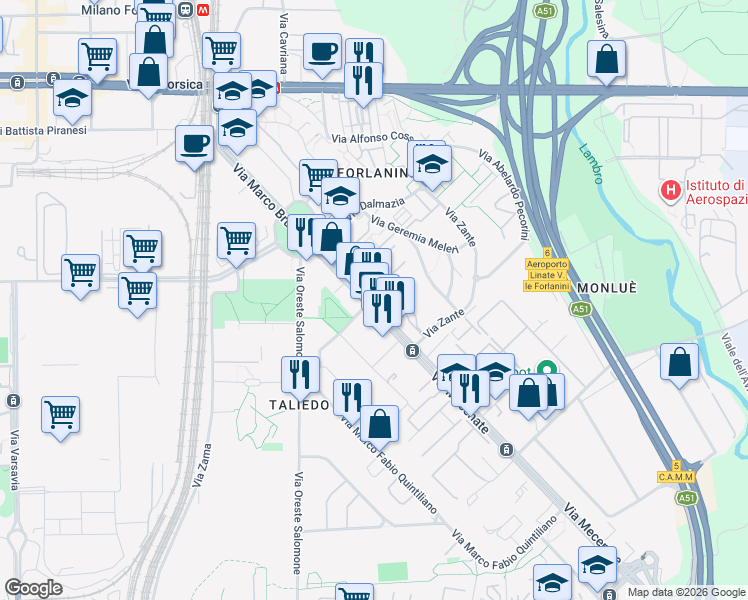 map of restaurants, bars, coffee shops, grocery stores, and more near 7 Via Mecenate in Milano