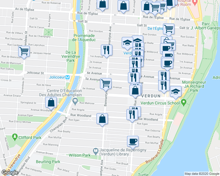 map of restaurants, bars, coffee shops, grocery stores, and more near 1148 6e Avenue in Montréal