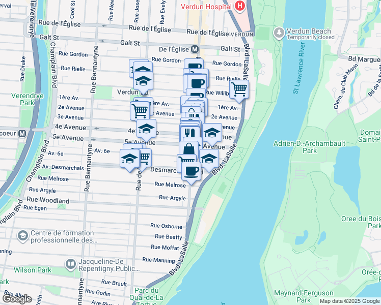 map of restaurants, bars, coffee shops, grocery stores, and more near 5045 Rue Wellington in Montréal
