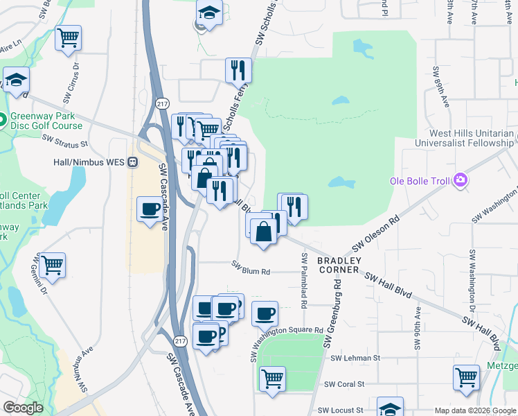 map of restaurants, bars, coffee shops, grocery stores, and more near 8930 Southwest Fairview Place in Portland
