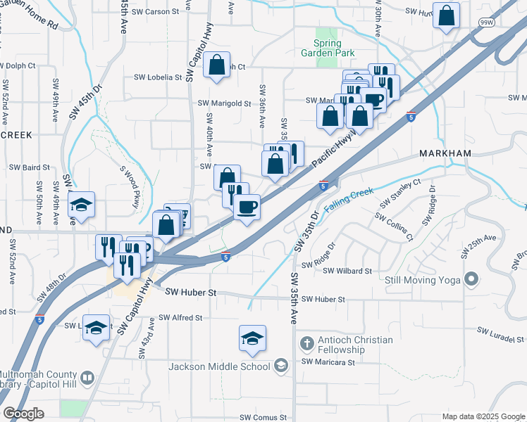 map of restaurants, bars, coffee shops, grocery stores, and more near 9570 Southwest Barbur Boulevard in Portland