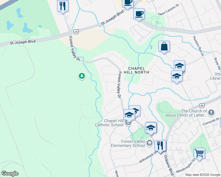 map of restaurants, bars, coffee shops, grocery stores, and more near 6040 Valley Field Crescent in Ottawa