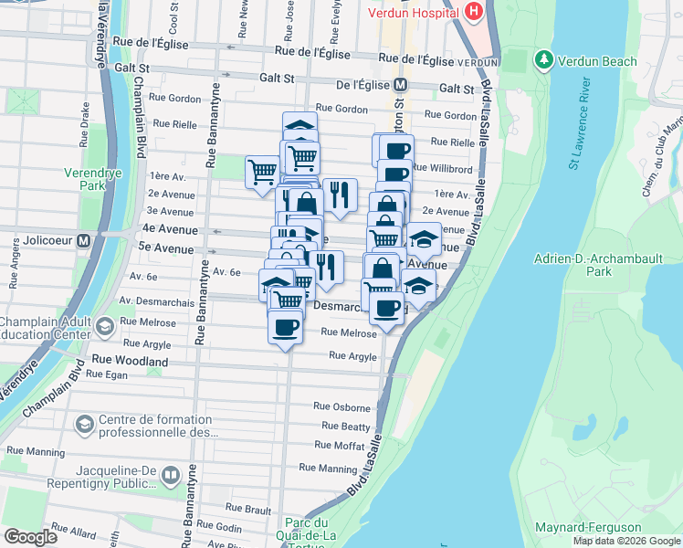 map of restaurants, bars, coffee shops, grocery stores, and more near 405 Avenue 6e in Montréal