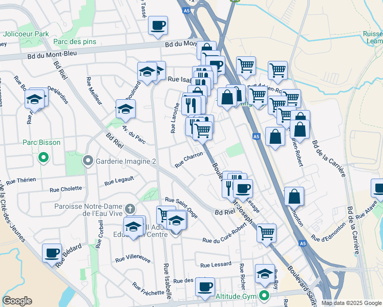 map of restaurants, bars, coffee shops, grocery stores, and more near 1 Rue Richard in Gatineau