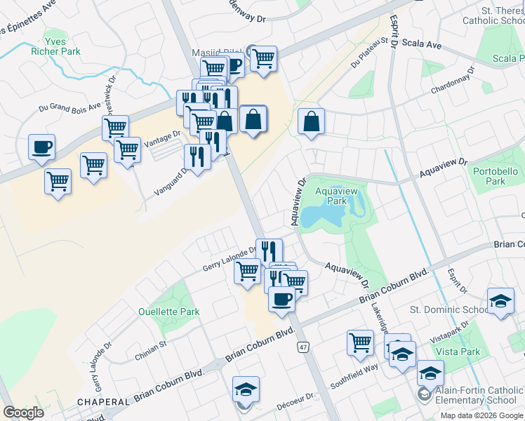 map of restaurants, bars, coffee shops, grocery stores, and more near 70 Cordage Street in Ottawa