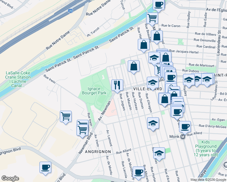 map of restaurants, bars, coffee shops, grocery stores, and more near 6112 Avenue de Montmagny in Montréal