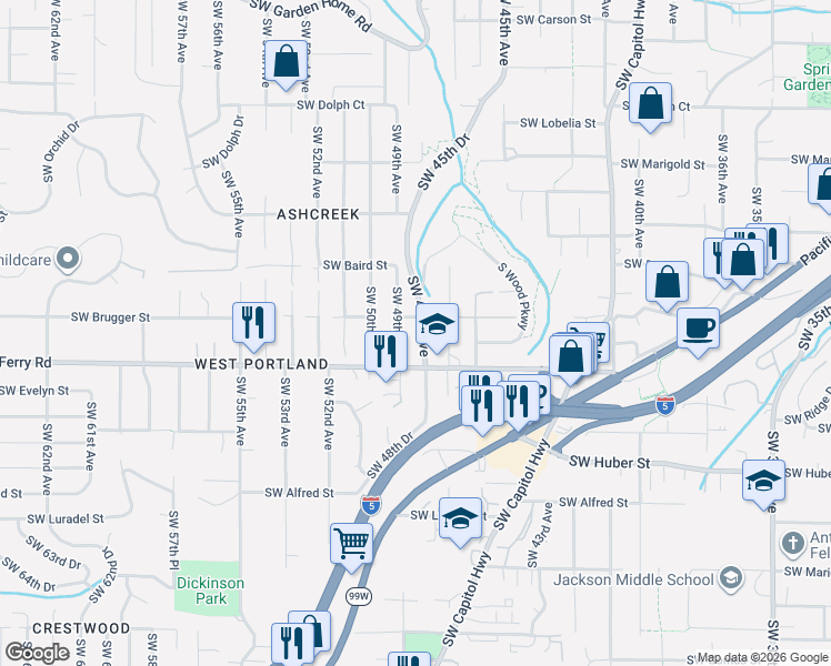 map of restaurants, bars, coffee shops, grocery stores, and more near 9621 Southwest 48th Avenue in Portland