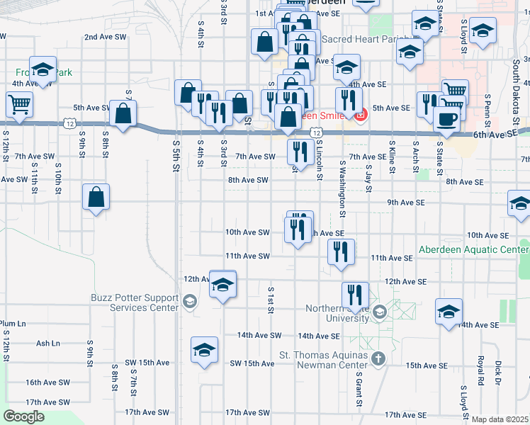 map of restaurants, bars, coffee shops, grocery stores, and more near 105 9th Avenue Southwest in Aberdeen