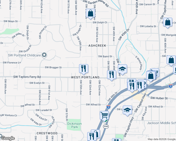 map of restaurants, bars, coffee shops, grocery stores, and more near 9611 Southwest 53rd Avenue in Portland