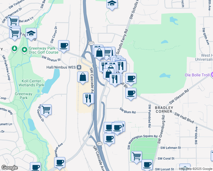 map of restaurants, bars, coffee shops, grocery stores, and more near 8880 SW Scholls Ferry Rd in Portland