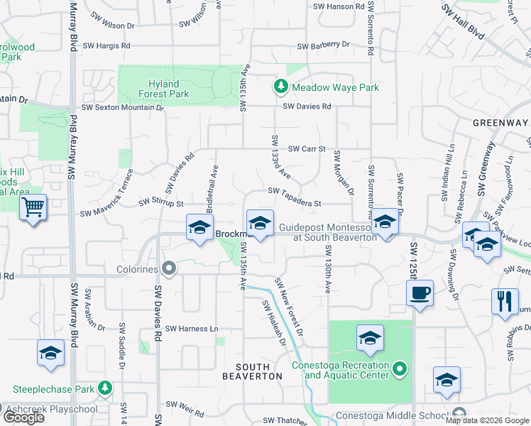 map of restaurants, bars, coffee shops, grocery stores, and more near 13315 Southwest Gallop Court in Beaverton