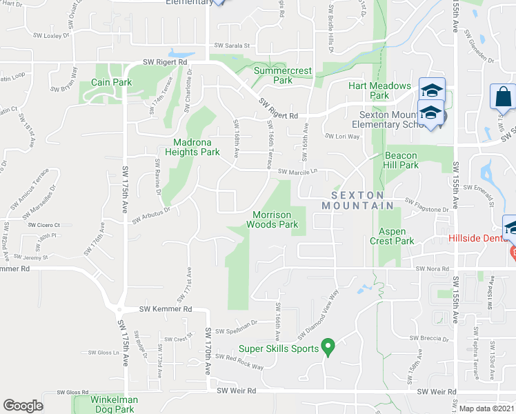 map of restaurants, bars, coffee shops, grocery stores, and more near 8646 Southwest Muledeer Drive in Beaverton