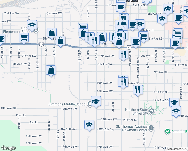 map of restaurants, bars, coffee shops, grocery stores, and more near 301-399 9th Ave SW in Aberdeen