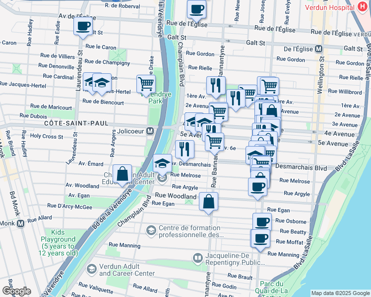 map of restaurants, bars, coffee shops, grocery stores, and more near 1085 6e Avenue in Montréal