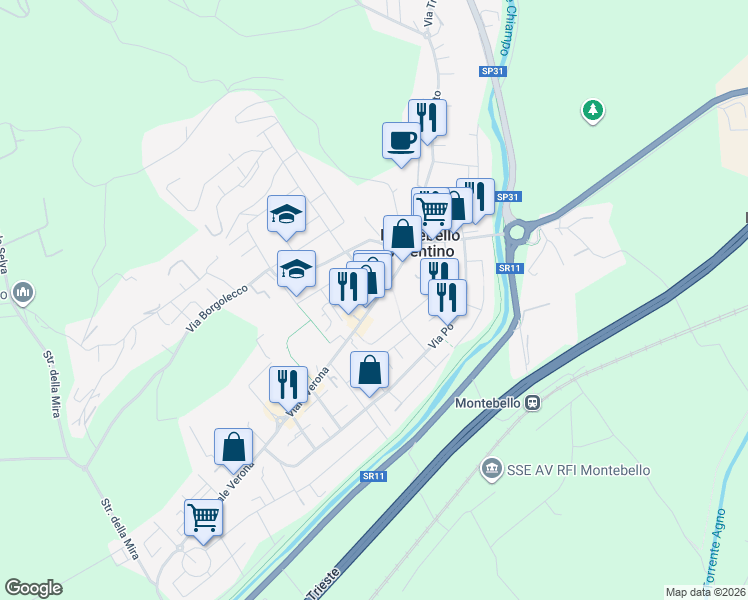 map of restaurants, bars, coffee shops, grocery stores, and more near 48 Via Generale Vaccari in Montebello Vicentino