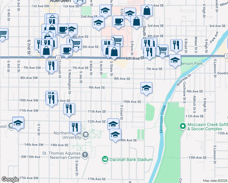 map of restaurants, bars, coffee shops, grocery stores, and more near 500-598 9th Ave SE in Aberdeen