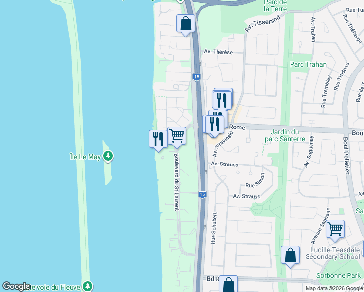map of restaurants, bars, coffee shops, grocery stores, and more near 8035 Boulevard du Saint Laurent in Brossard