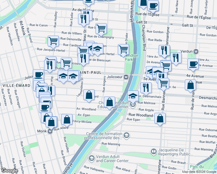 map of restaurants, bars, coffee shops, grocery stores, and more near 1572 Rue de Sève in Montréal